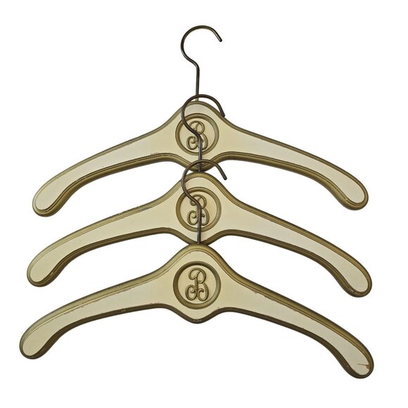 Vintage Regency Wood Hotel Hangers B Monogram Lot 3 White Gold MCM Movie Prop - Picture 1 of 11